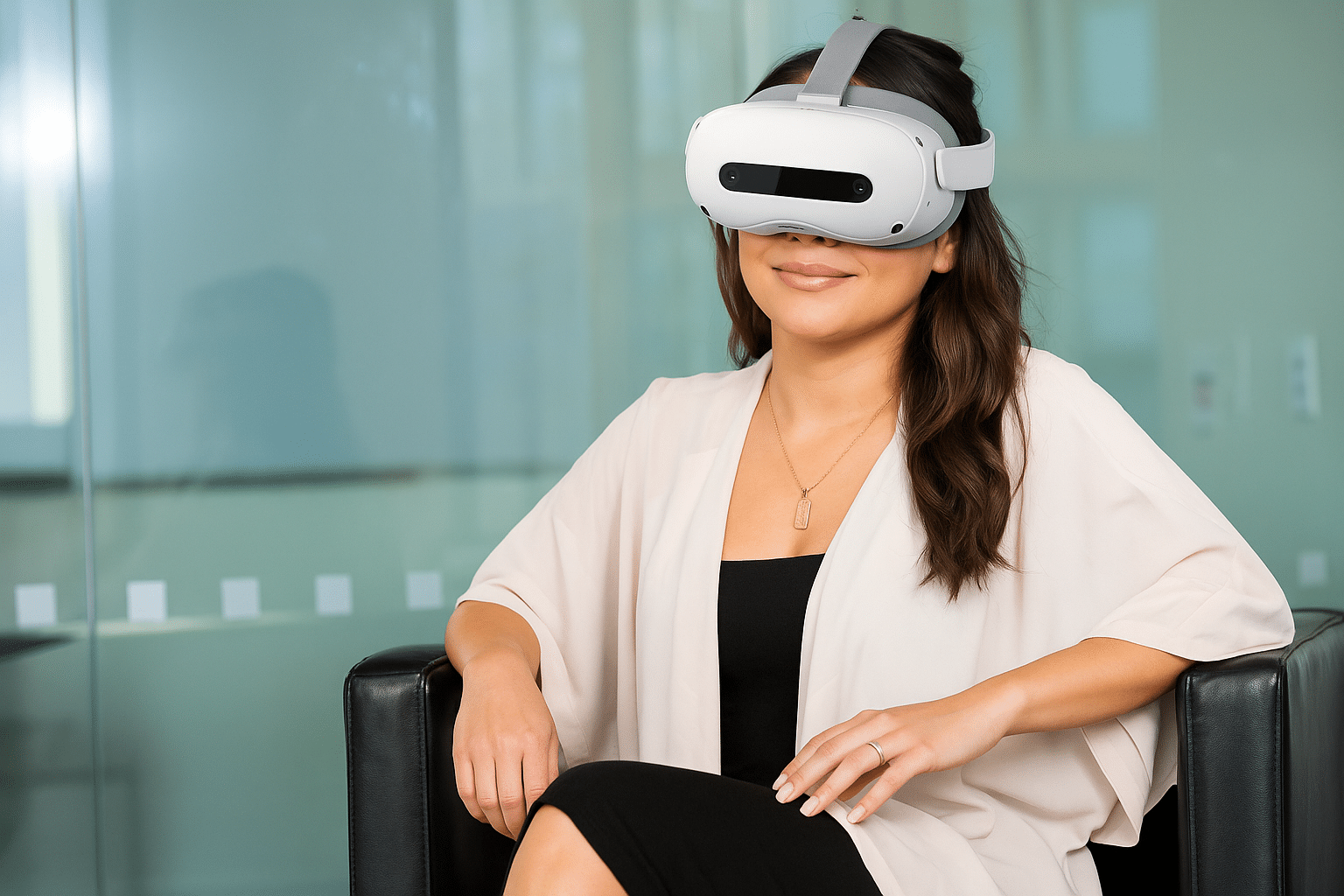 Person på ett kontor som använder ett Mindergy VR-headset för en återhämtningspaus