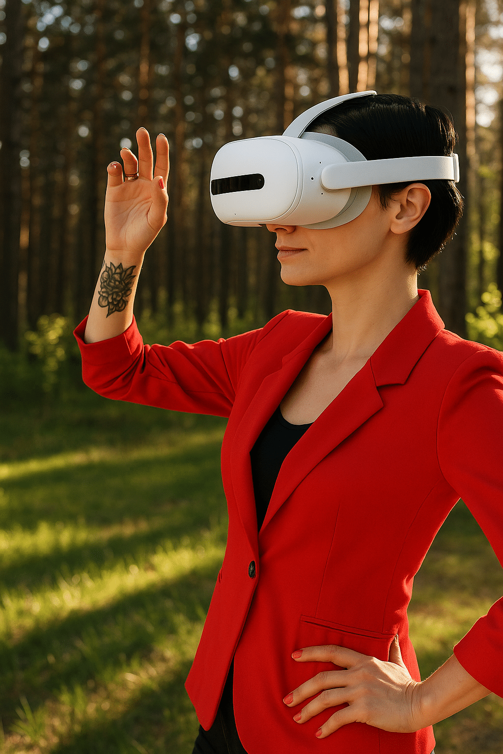 Woman in red blazer wearing a VR headset in a forest