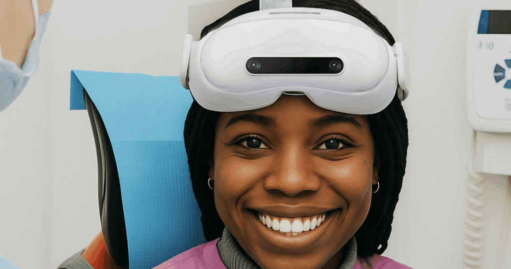 A child who has a vr headset on to help her deal with her dental anxiety